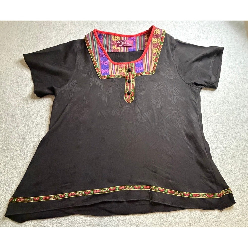 YXBY Black Jacquard Floral Blouse Embroidered Tribal Trim Short Sleeve Top